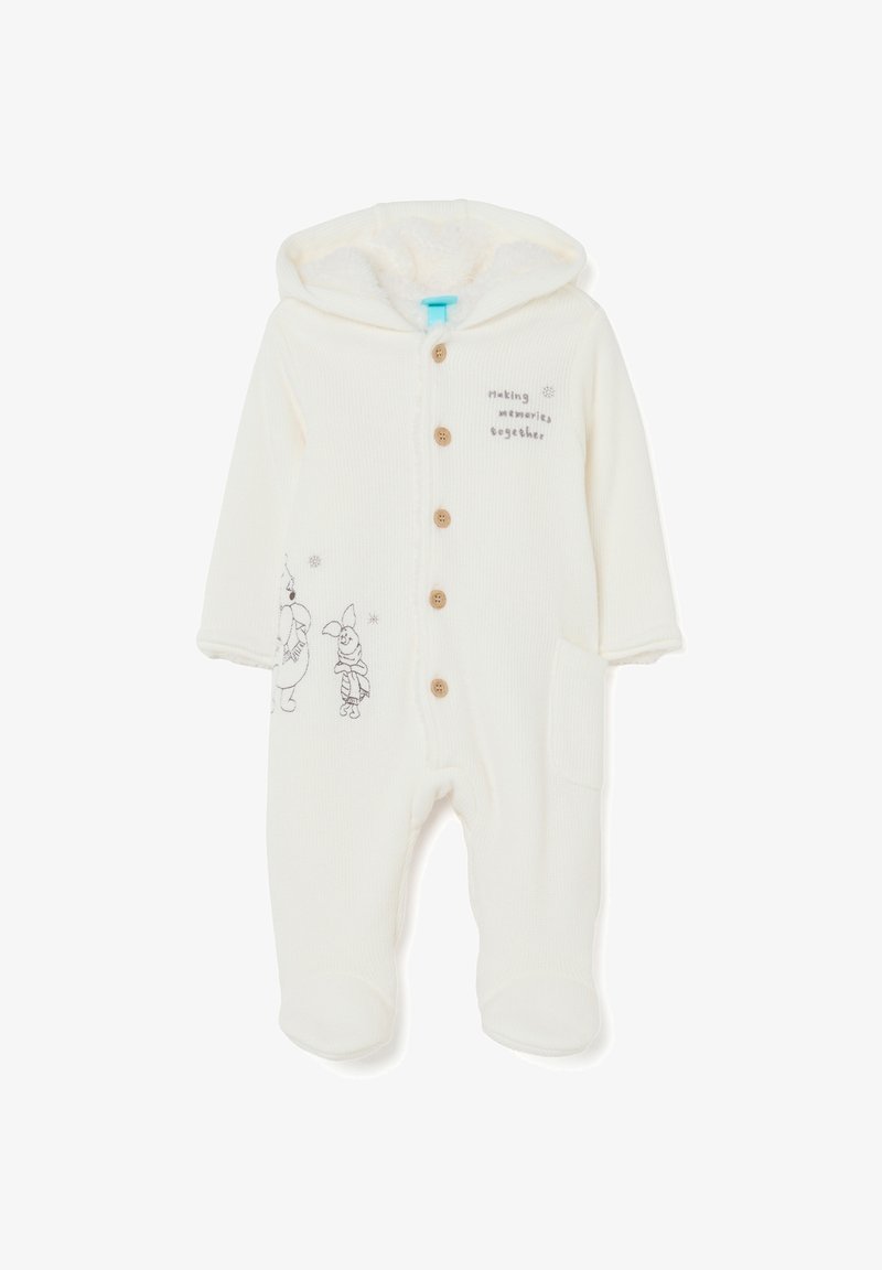 Weißer Strickoverall mit Kapuze, ausgestattet mit braunen Knöpfen, zwei Taschen und Illustrationen von Figuren. Weicher Stoff mit Fleece-Futter.