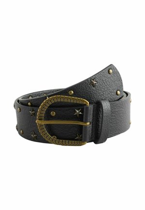 Schwarzer Ledergürtel, aufgerollt, verziert mit messingfarbenen sternförmigen und runden Nieten sowie einer kunstvoll gestalteten Messingschnalle.