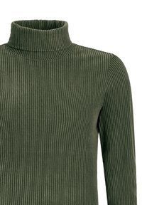 Olijfgroene geribde coltrui met lange mouwen, met verticale textuur en een getailleerde pasvorm. Zacht materiaal met een comfortabele halslijn.