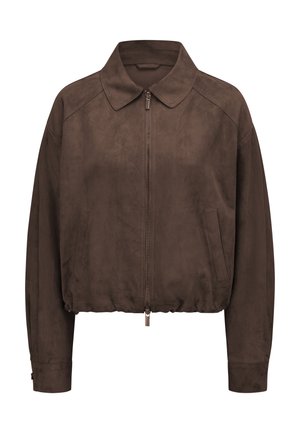 Braune Wildleder-Bomberjacke mit Frontreißverschluss, zwei Seitentaschen, elastischem Saum, langen Ärmeln und klassischem Kragen.