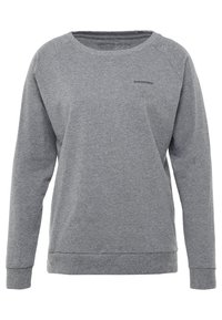 Grauer Sweatshirt aus weichem Stoff, mit rundem Halsausschnitt, langen Raglanärmel und kleinem Logo auf der Vorderseite. Insgesamt glatte Textur.
