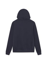 Námornícky modrá mikina s kapucňou, ľahká tkanina, dlhé rukávy, rebrované manžety a lem, minimalistický dizajn, žiadne viditeľné logá ani vzory.