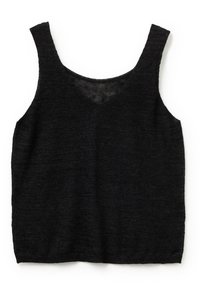 Top in maglia nera con spalline larghe, scollatura a V profonda e texture morbida. Taglio dritto all'orlo senza decorazioni.