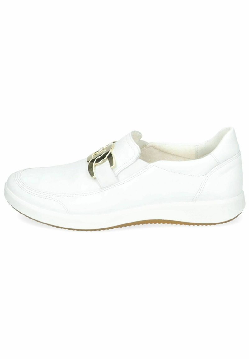 Weiße Ledersneaker mit runder Zehenpartie und glatter Textur. Verfügt über einen dekorativen goldenen Akzentriemen über dem Obermaterial und eine Gummisohle.