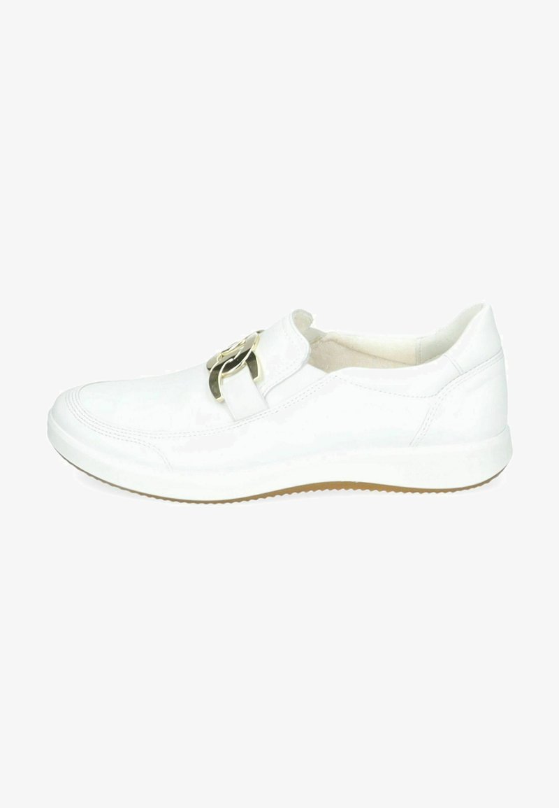 Valkoinen nahkainen lenkkitossu, jossa on pyöreä kärki ja sileä pinta. Erikoisominaisuutena koristeellinen kultainen nauha yläosassa ja kumipohja.