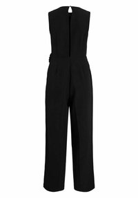 Combinaison noire avec un décolleté en V profond, une fermeture au dos avec un œillet, des plis latéraux et un détail froncé à la taille. Coupe à jambes larges.