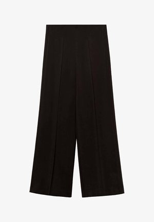 Black wide-leg trousers with a smooth texture, featuring front pleats and a high waist design. The fabric appears lightweight and flowy.