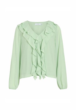 Lichtgroene blouse van een zacht weefsel, met een V-halslijn, lange mouwen en rimpeldetails aan de voorkant. Verkorte ontwerp.
