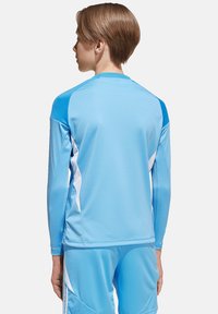 Maglietta sportiva azzurro chiaro a maniche lunghe con pannelli laterali bianchi, texture liscia, collo rotondo e design aderente. Dettagli sulle spalle.