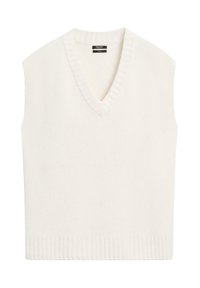 Gilet tricoté blanc sans manches avec encolure en V côtelée et ourlet côtelé, posé à plat sur un fond blanc.