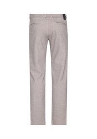 Hellgraue Hose aus strukturiertem Stoff. Mit geradem Bein, zwei Gesäßtaschen und Gürtelschlaufen. Einfaches Design mit minimalen Akzenten.