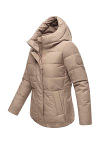 Veste rembourrée beige avec un col montant et une capuche attachée. Équipée d'une fermeture éclair et de deux poches latérales. Texture douce et design structuré.