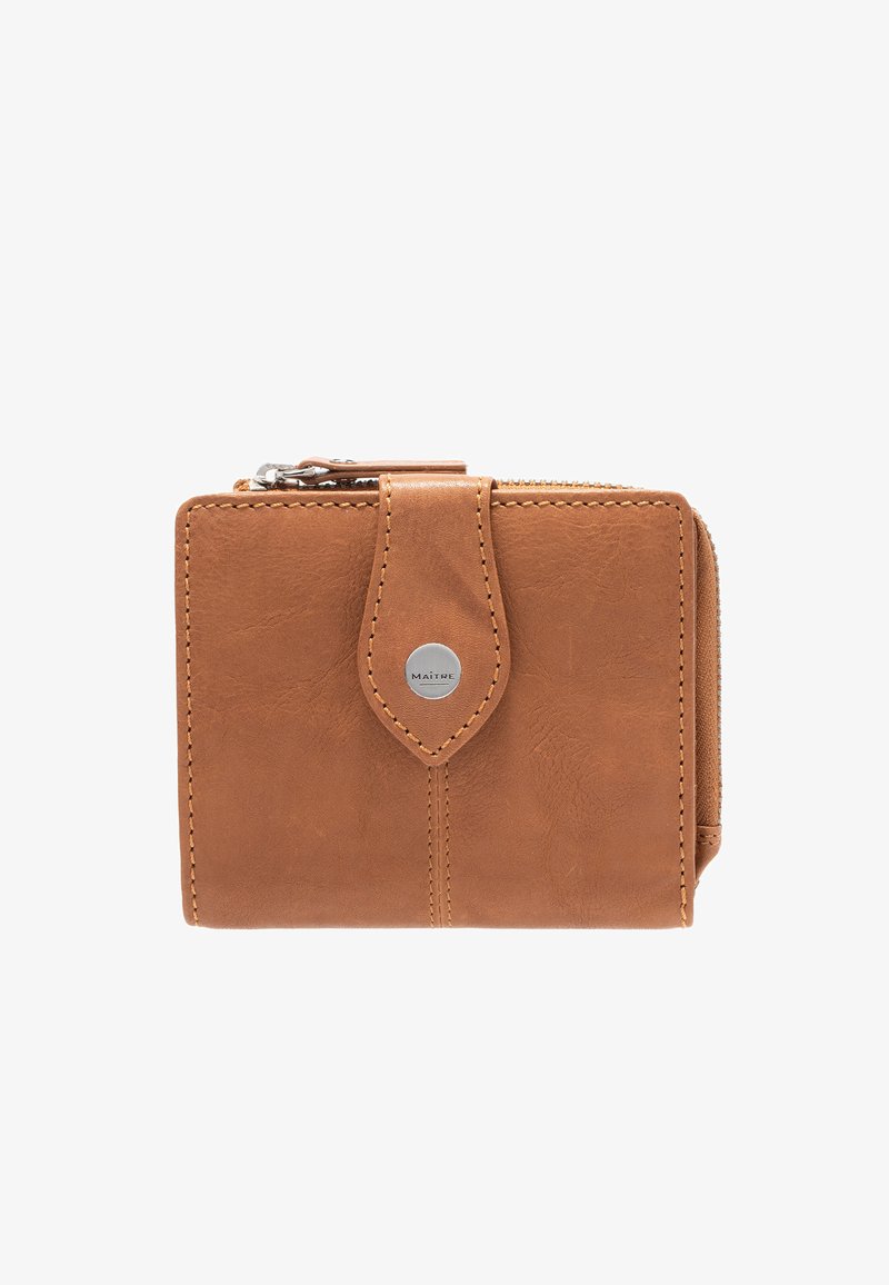 Brązowy skórzany portfel o gładkiej fakturze, z metalowym zatrzaskiem i zamknięciem na zamek. Kompaktowy prostokątny kształt ze stębnowanym brzegiem.