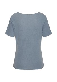 Light blue, short-sleeve, ribbed knit top with a wide neckline, shown from the back on a white background.
