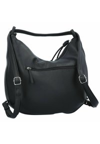 Zwarte leren schoudertas met een textuurafwerking, gebogen vorm, verstelbare schouderband en een voorzak met rits voor extra opslagruimte.