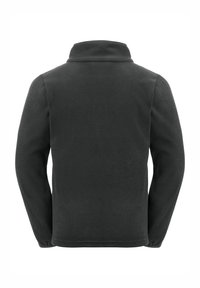 Veste en polaire noire, avec un col montant, des manches longues et une texture douce. Design de dos sans couture sans matériel ou logos visibles.