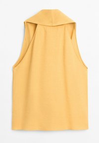 Sleeveless yellow hooded top with a loose fit and wide armholes, shown from the back against a white background.