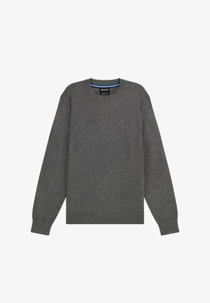 Felpa grigia con maniche lunghe, scollatura rotonda e polsini a costine. Realizzata in materiale morbido, presenta un logo discreto e un'etichetta blu all'interno.