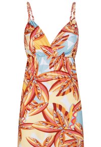 Abito estivo colorato con un motivo floreale in rosso, arancione e blu. Design a V con spalline regolabili intrecciate e vita stile impero.
