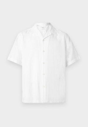 White short-sleeve button-up shirt with a camp collar, made of lightweight fabric, displayed against a plain background.