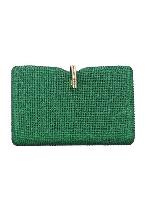 Prostokątny zielony, szmaragdowy kopertówka ozdobiona małymi kryształkami, z zatrzaskiem w kolorze złotym u góry na środku.