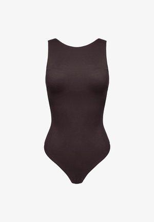 Brązowy, bezrękawnikowy body z gładkiej, elastycznej tkaniny. Posiada wysoki dekolt i tył w formie stringów dla minimalistycznego wyglądu.