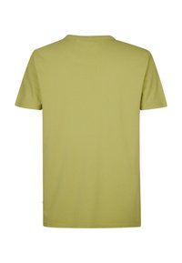 Korte mouwen, crewneck T-shirt van zacht katoen in een gedempt olijfgroene kleur. Soepele textuur met een rechte zoom en geen zichtbare details.