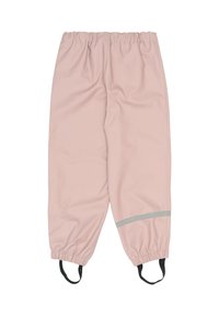 Rožnate vodoodporne hlače z elastičnim pasom, odsevnimi sivimi črtami in črnimi nastavljivimi trakovi ob manšetah. Gladek tekstura.