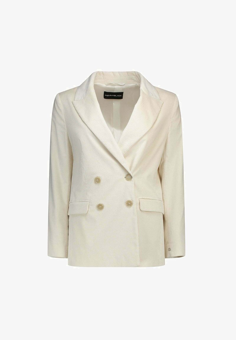 Dubbele blazer in cremewit ribstof, met een gesneden revers, twee voorzakken en lichtgekleurde knopen.