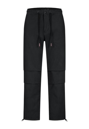 Pantaloni cargo neri con cintura elasticizzata, cordino e chiusure a pressione. Presentano caviglie con zip e molteplici tasche orizzontali.