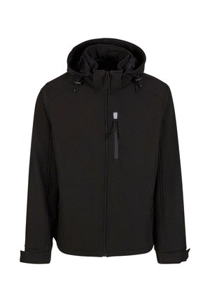 Black zip-up jacket with a hood, adjustable drawstrings, side pockets, and a smooth, textured fabric. Features a stand collar design.