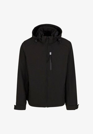 Schwarze Zip-Jacke mit Kapuze, verstellbaren Kordeln, seitlichen Taschen und einem glatten, strukturierten Gewebe. Verfügt über ein Stehkragen-Design.