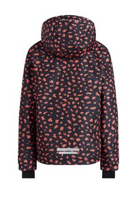 Svart jacka med röd blommig tryck, med huva, elastiska mudd och reflexdetaljer vid nederkanten. Slät, vattentät material.