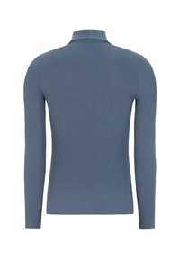 Maglione a maniche lunghe in blu ardesia, texture a coste, colletto alto, design aderente, spalle senza cuciture, schiena liscia senza loghi o motivi visibili.