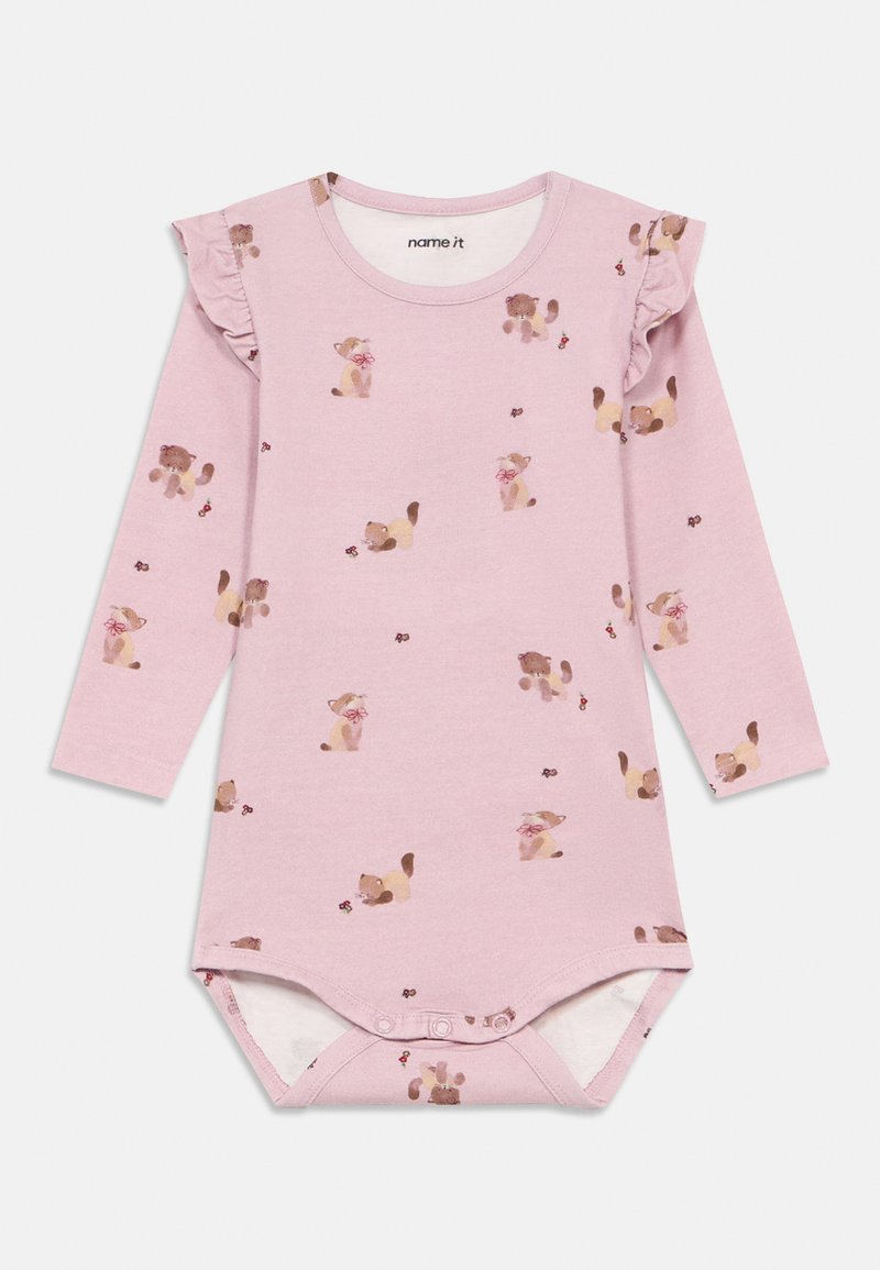 Long-sleeve baby bodysuit in light pink cotton with ruffled shoulder accents. Features a repeated pattern of cartoon animals and flowers.