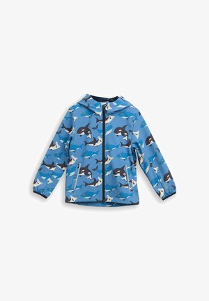 Blaue wasserdichte Jacke mit Kapuze, versehen mit einem Muster aus Orcas und anderen Meerestieren. Reißverschluss und elastische Bündchen. Leichtes Material.