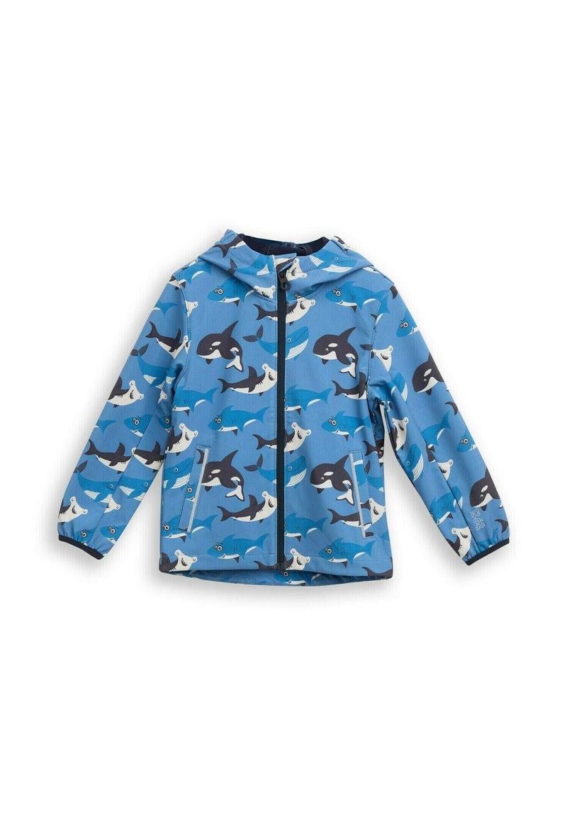 Niebieska wodoodporna kurtka z kapturem, ozdobiona wzorem orków i innych morskich zwierząt. Zapięcie na zamek błyskawiczny i elastyczne mankiety. Lekki materiał.