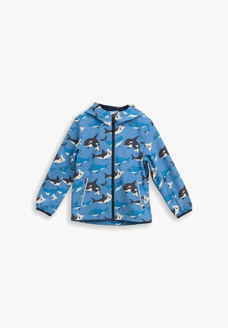 Niebieska wodoodporna kurtka z kapturem, ozdobiona wzorem orków i innych morskich zwierząt. Zapięcie na zamek błyskawiczny i elastyczne mankiety. Lekki materiał.