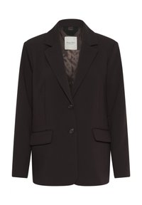 Blazer su misura marrone scuro con rever a dente, due bottoni frontali, tasche a patta e rivestimento in satin liscio all'interno del colletto.