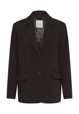 Dark brown tailored blazer with notch lapels, two front buttons, flap pockets, and smooth satin lining inside collar.
