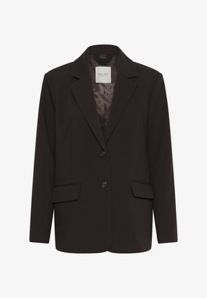 Blazer ajusté marron foncé avec revers en creux, deux boutons sur le devant, poches à rabat et doublure en satin lisse à l'intérieur du col.