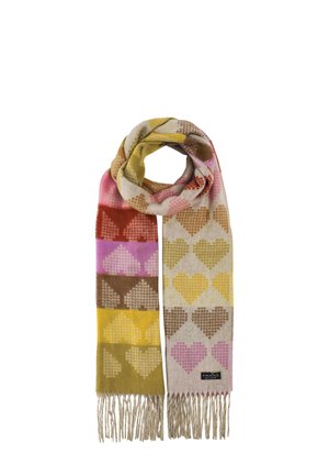 Wool scarf with heart patterns in pink, yellow, brown, red, and beige colors, featuring fringed ends and a small black brand label.
