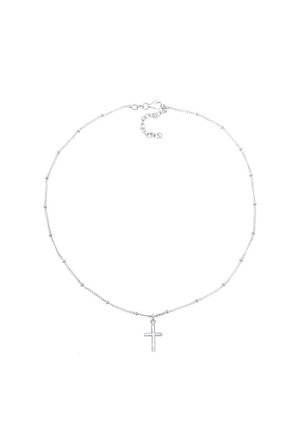 Hieno hopeinen ketjukaulakoru, jossa on pieniä helmiä ja keskellä ristinmuotoinen riipus, säädettävällä lukolla.
