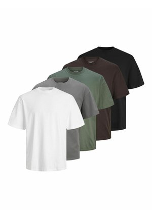 Fünf kurzärmelige T-Shirts, die in einer Reihe angezeigt werden: weiß, hellgrau, olivgrün, dunkelgrau und schwarz. Alle haben einen runden Ausschnitt.