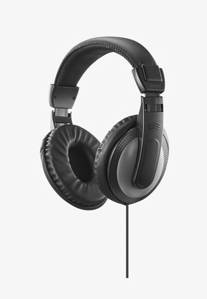 Schwarze Over-Ear-Kopfhörer mit gepolsterten Ohrmuscheln, verstellbarem Kopfband und geradem Kabel. Verfügen über eine glatte, matte Oberfläche und strukturierte Akzente.