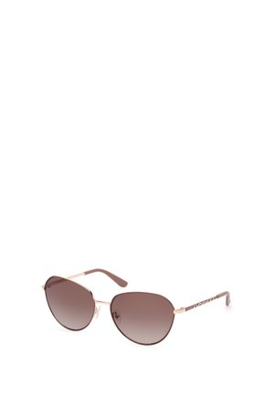 Gafas de sol aviador marrones con lentes degradados, delgados marcos de metal color oro rosado y patillas marrones con un patrón.