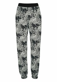 Black and white patterned joggers with an elastic waistband, featuring a floral design and banded cuffs at the ankles for a fitted look.