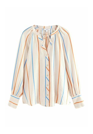 Long-sleeve button-up blouse in cream with orange and blue vertical stripes, soft texture, round neck with tie, and gathered sleeve cuffs.