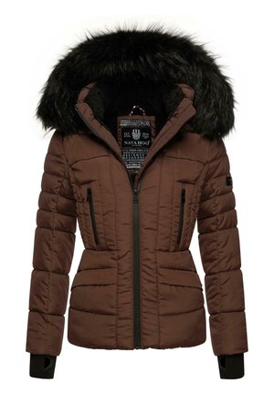 Brown puffer jacket with a black fur-lined hood. Features a zip front, two zippered pockets, and ribbed cuffs. Textured fabric with horizontal stitching.