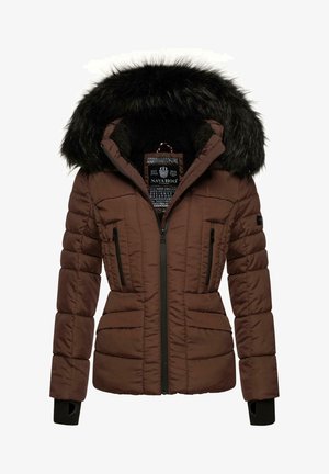 Brown puffer jacket with a black fur-lined hood. Features a zip front, two zippered pockets, and ribbed cuffs. Textured fabric with horizontal stitching.